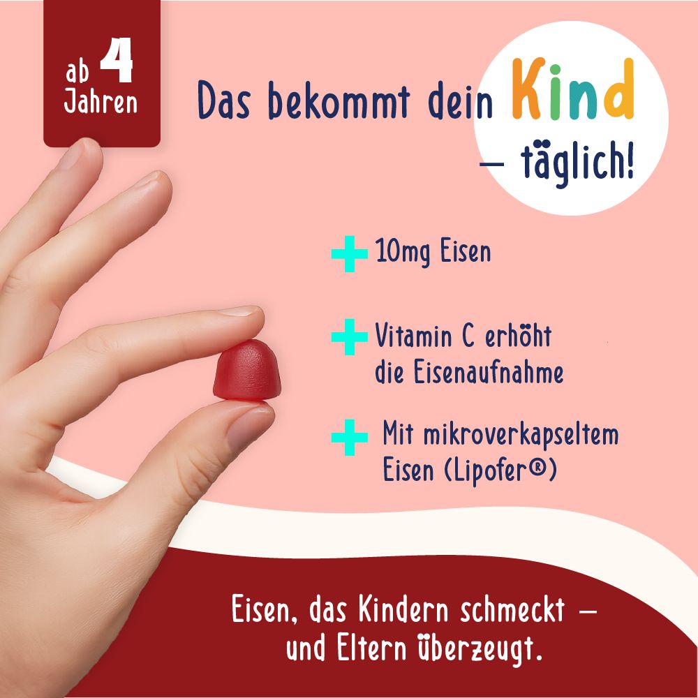 Hand hält rotes Gummibärchen. Text: 10mg Eisen, Vitamin C erhöht die Eisenaufnahme, mit mikroverkapseltem Eisen.