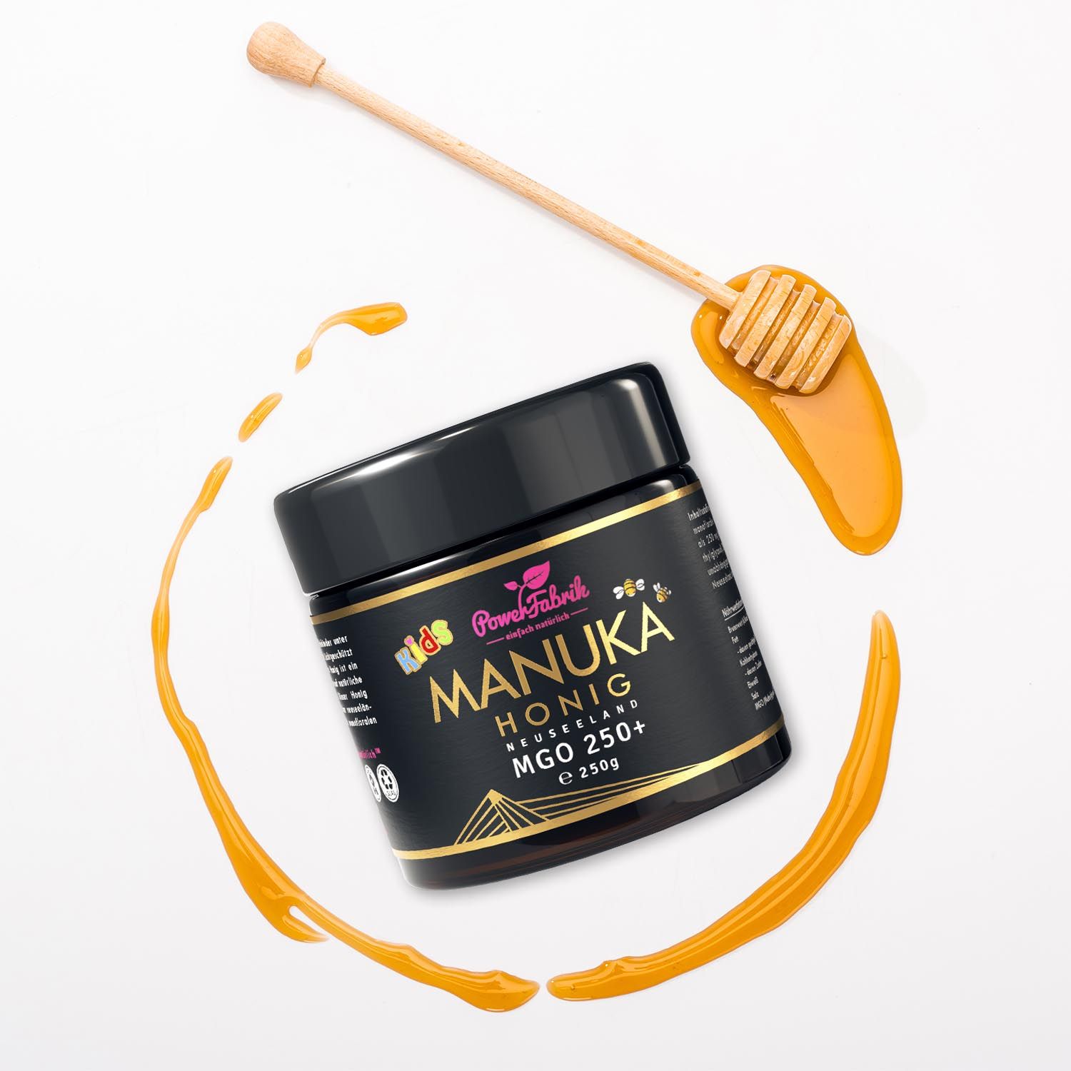 Glas Manuka Honig, MGO 250+ mit Honigfluss und Honiglöffel.