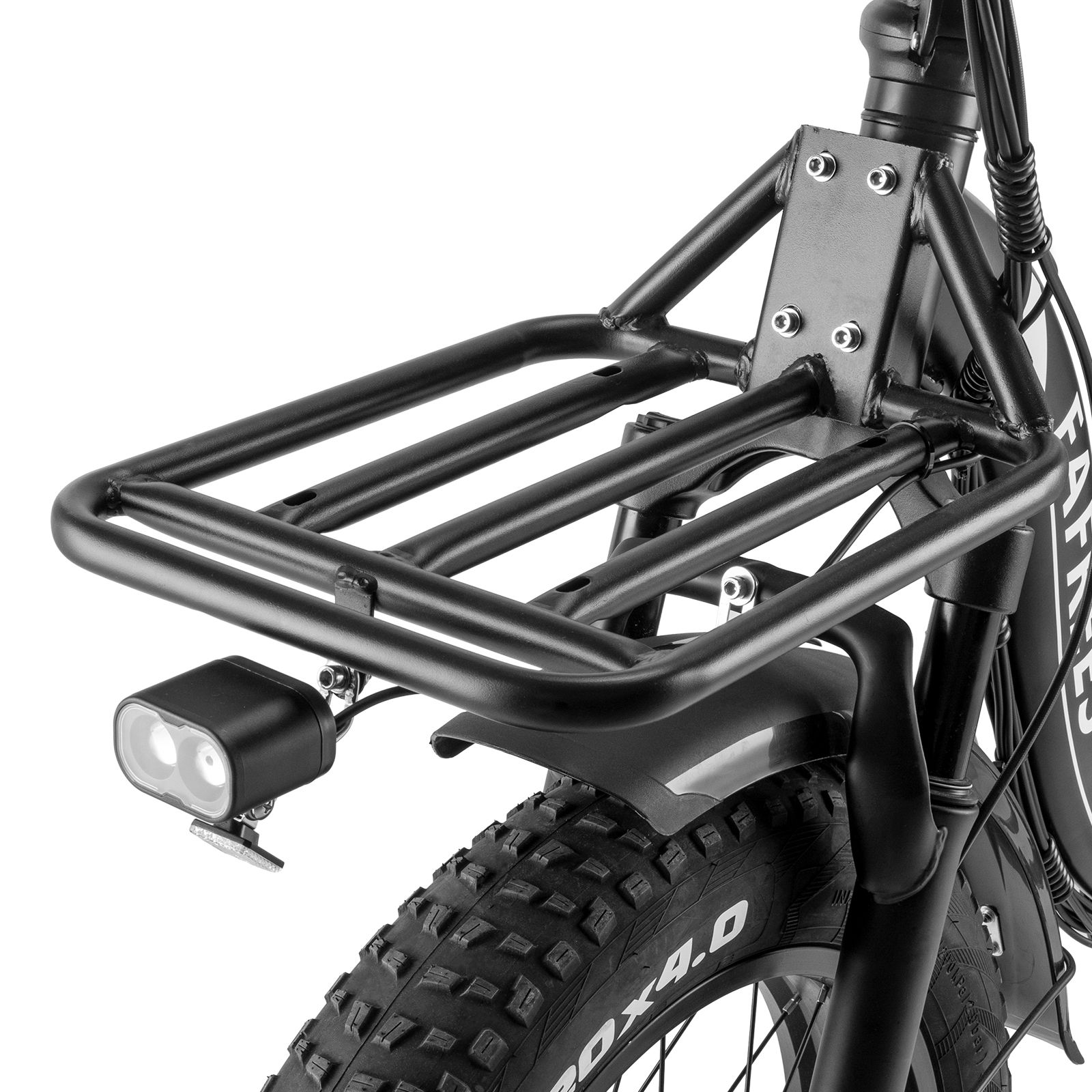 Nahaufnahme des Frontkorbs eines schwarzen E-Bikes. Scheinwerfer, Kotflügel. Sichtbar: Fafrees-Logo.
