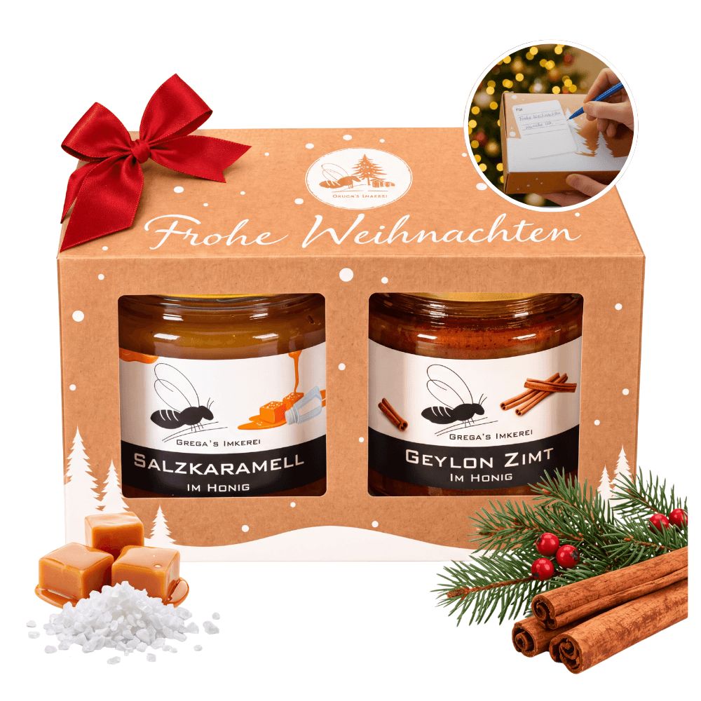 Grega´s Imkerei 2er Geschenkset Frohe Weihnachten mit Salzkaramell & Ceylon Zimt im Honig 500 g