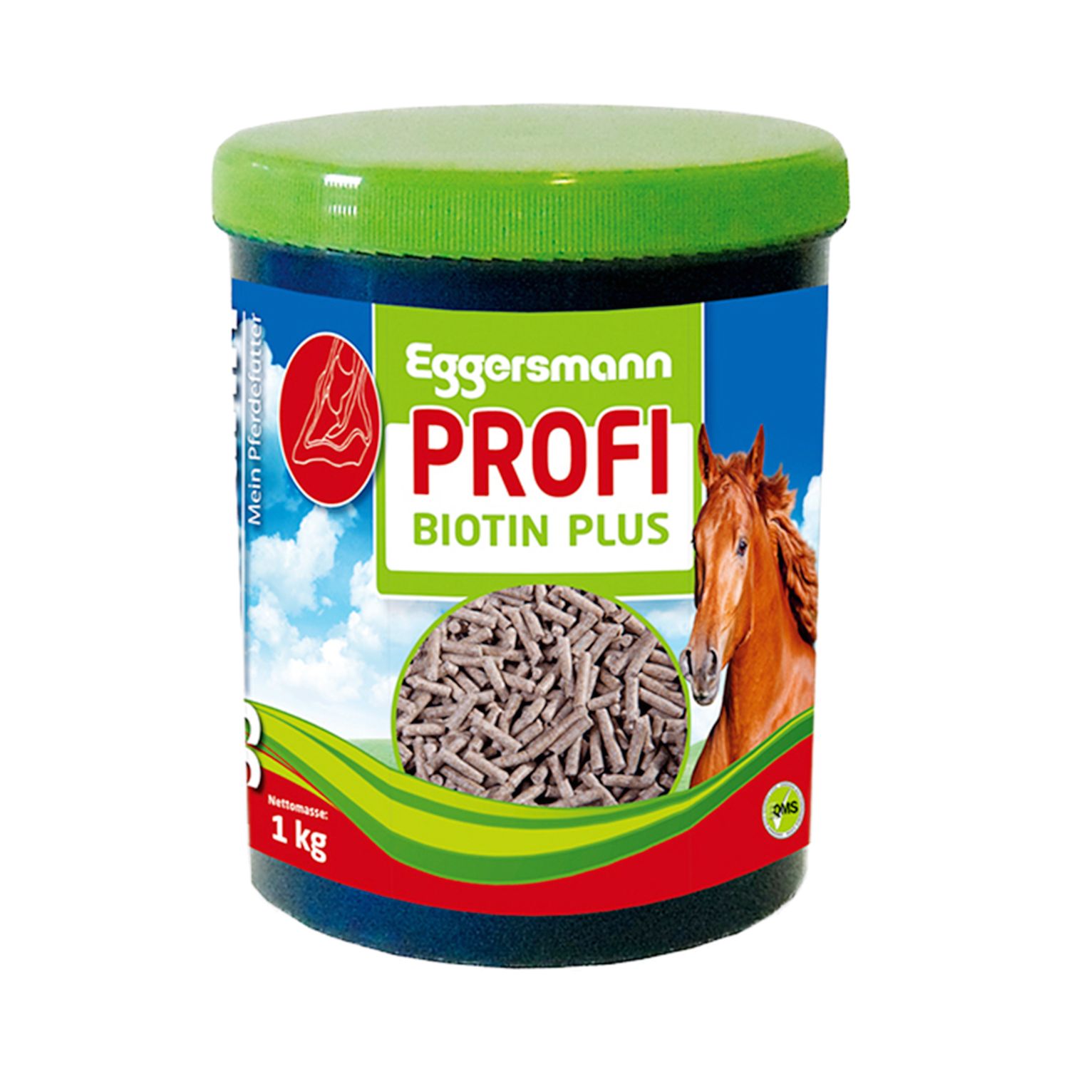 Blauer Behälter mit grünem Deckel. Aufkleber mit Produktname, Pferd und Text. 1 kg.