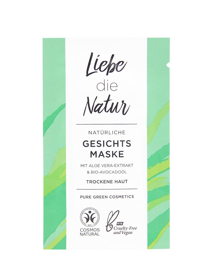 Verpackung einer Gesichtsmaske. Text: Liebe die Natur, Gesichtsmaske, Aloe Vera Extrakt, trockene Haut. Logos: Cosmos Natural, Cruelty-Free and Vegan.