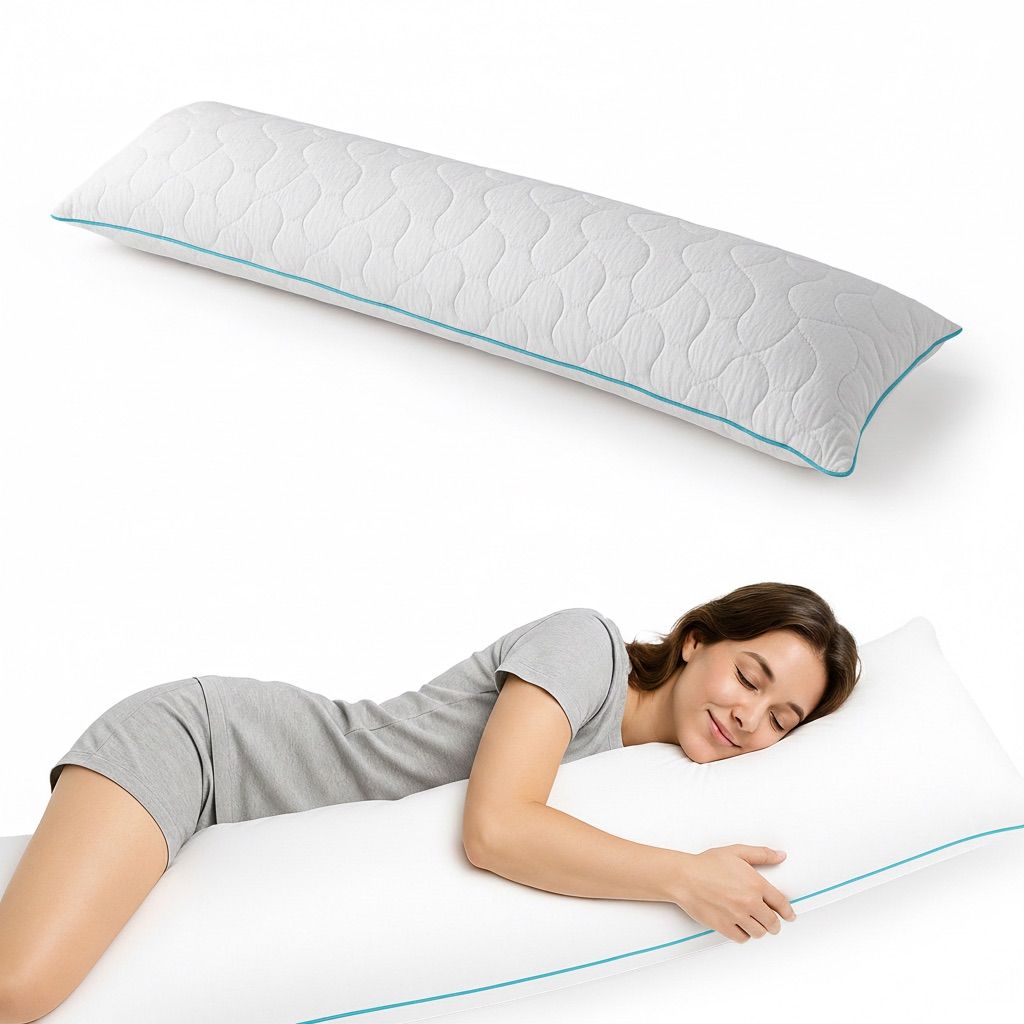 Langes, weißes Kissen mit blauem Rand. Eine Frau liegt auf dem Kissen. Ergonomisches Seitenschläferkissen.