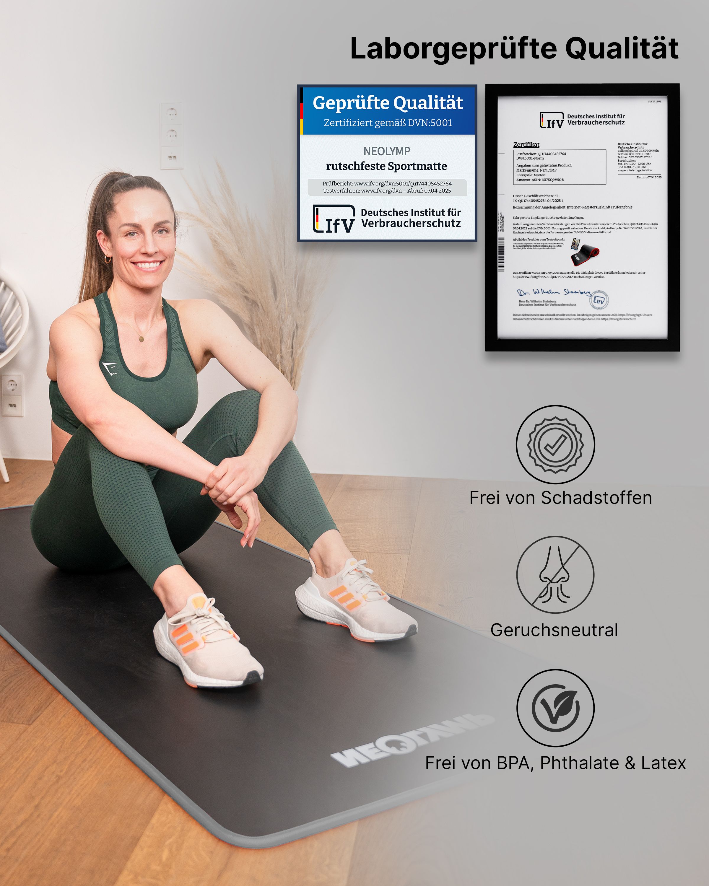 Frau sitzt auf Fitnessmatte. Zertifizierungen: Deutsches Institut für Verbraucherschutz. Aufschrift: NEOLYMP.