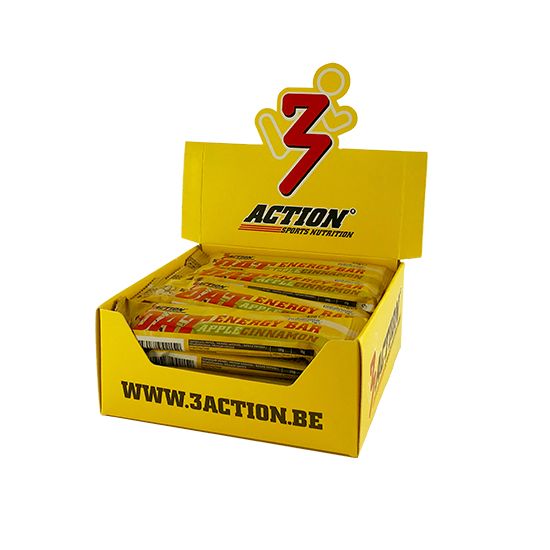 Gelbe Kartonbox mit "3Action" Logo und Schriftzug. Enthält mehrere "Oat Energy Bar" Riegel.