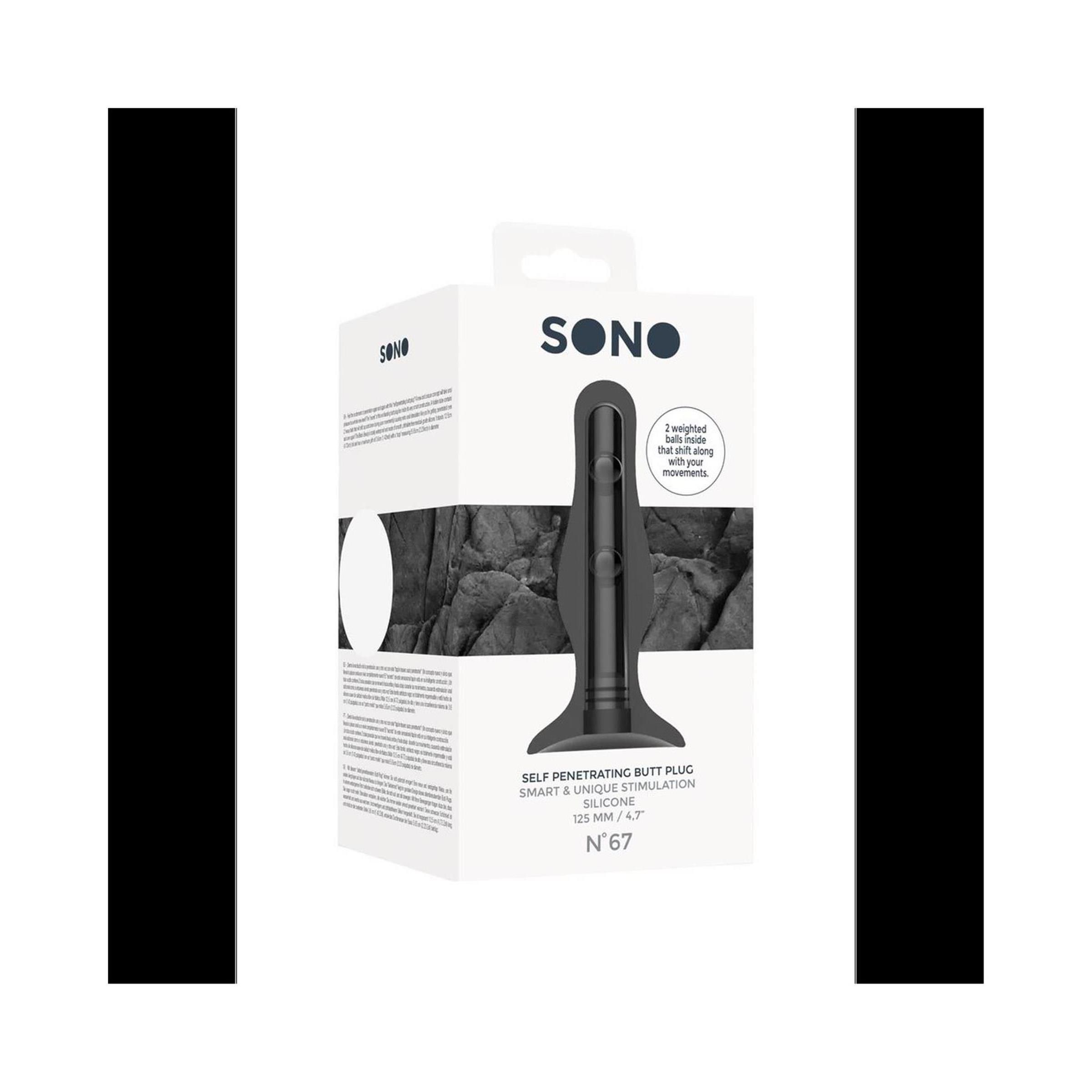 Verpackung von Sono No.67. Weißer Karton mit Produktabbildung. Text: "Sono", "Self Penetrating Butt Plug", "Silicone".
