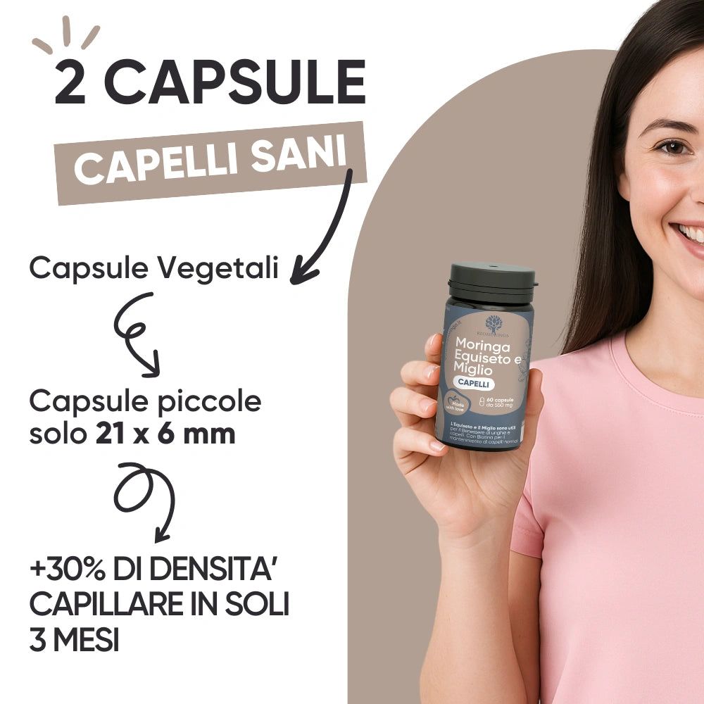 Frau hält eine Flasche mit Kapseln. Text: 2 Kapseln, Capelli Sani. Kapselgröße: 21 x 6 mm. +30% Haardichte in 3 Monaten.