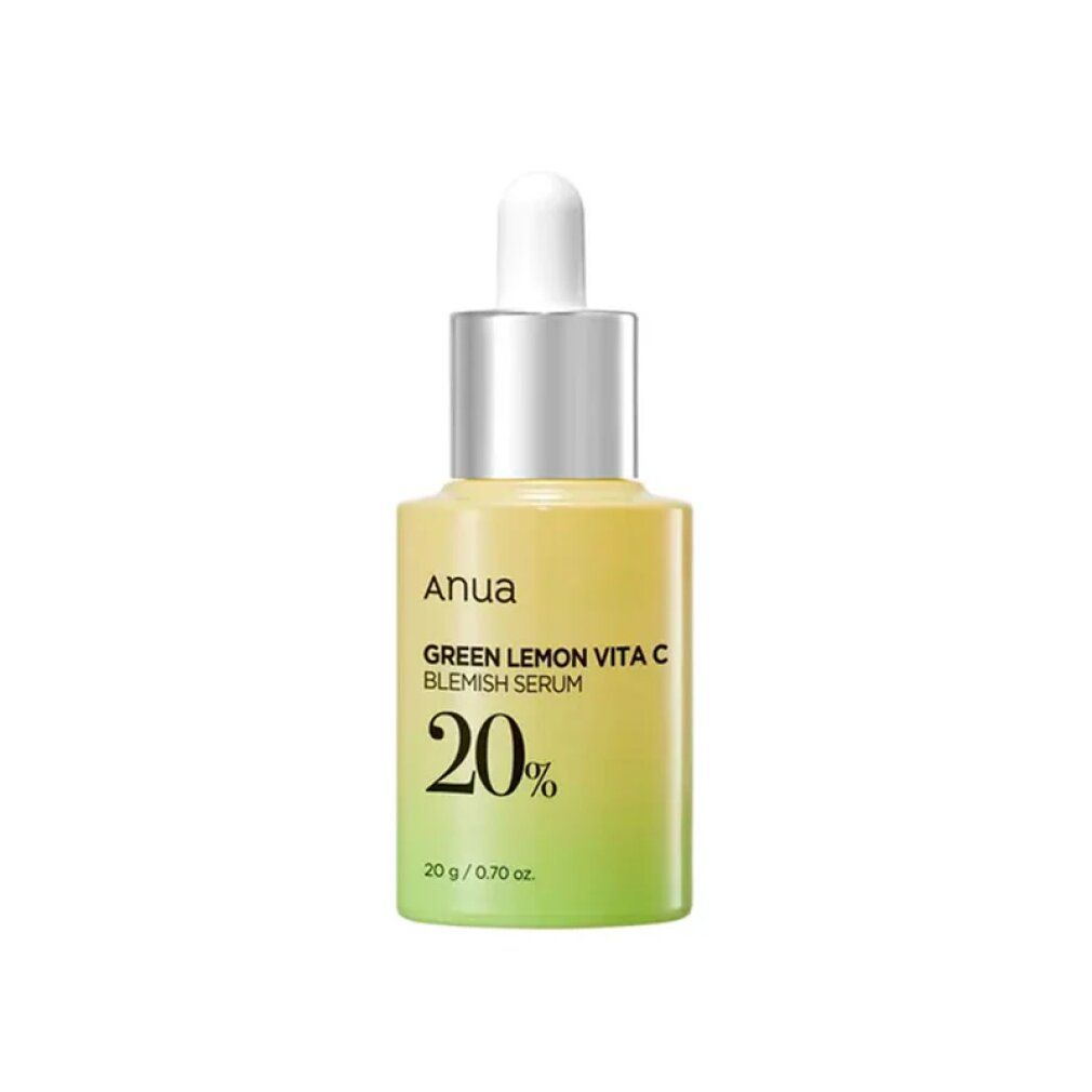 ANUA Green Lemon Vita C Blemish Serum Flasche mit Pipette. Gelb-grüner Farbverlauf, 20% aufgedruckt.