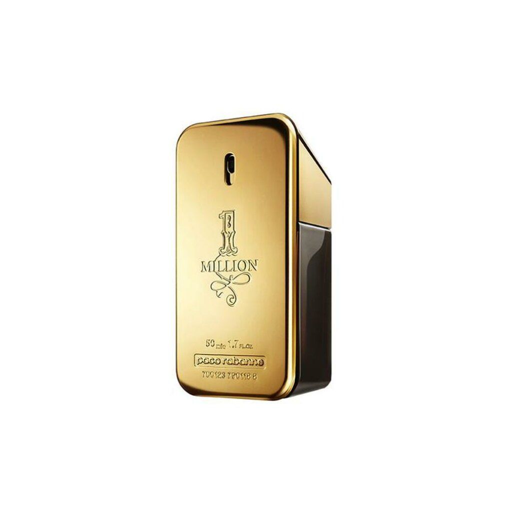 Goldfarbener Flakon "1 Million" von Paco Rabanne. Rechteckige Form mit abgerundeten Kanten. Schwarze Details.