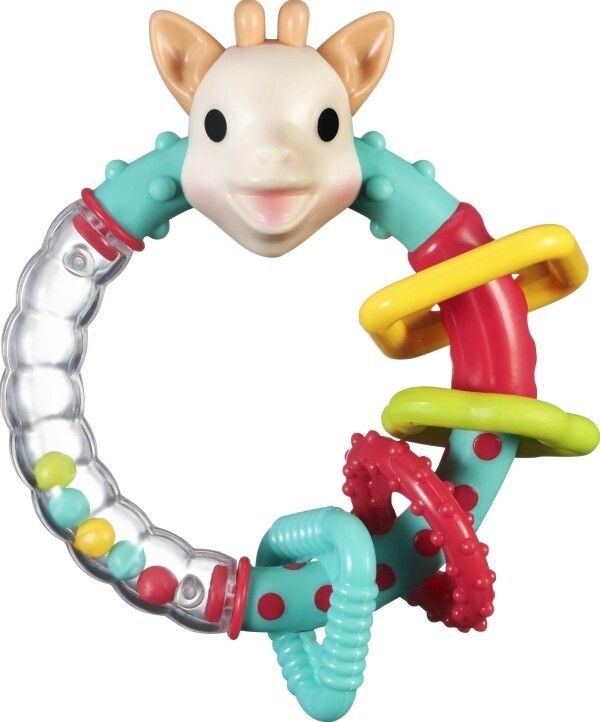 Beißring mit Giraffen-Kopf. Türkis, rot, gelb und transparent. Enthält Kugeln. Verschiedene Formen und Oberflächen.