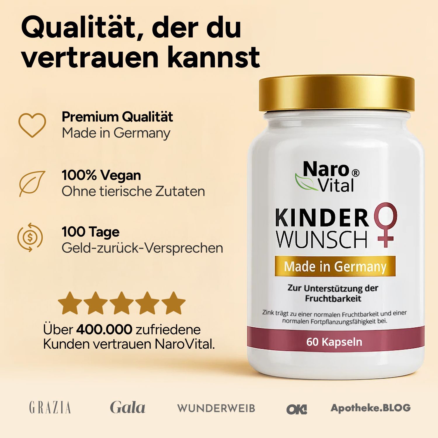 Weiße Flasche mit goldfarbenem Deckel. Kinderwunsch, Made in Germany. 60 Kapseln. Qualität, der du vertrauen kannst.