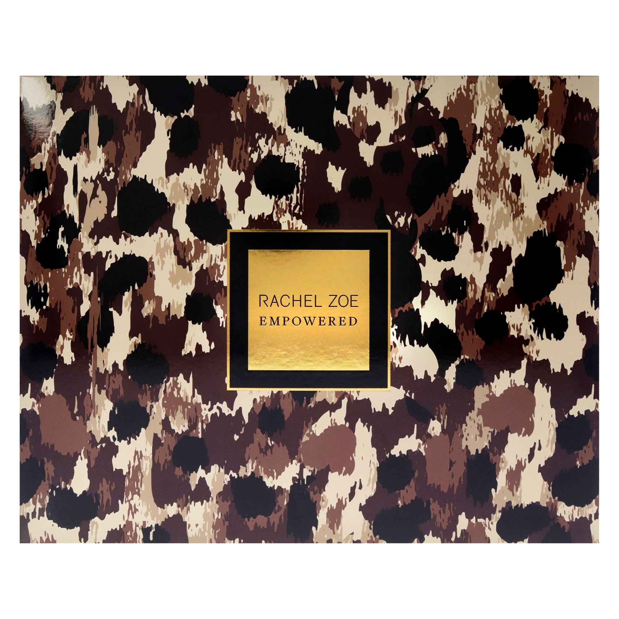 Verpackung mit Leopardenmuster und goldener Mitte mit der Aufschrift "RACHEL ZOE EMPOWERED".