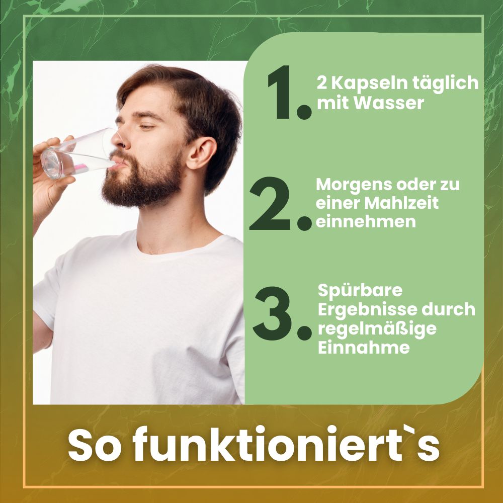 Mann trinkt Wasser. Text: marble Prosta Vital. 2 Kapseln täglich. Morgens oder zu Mahlzeit.