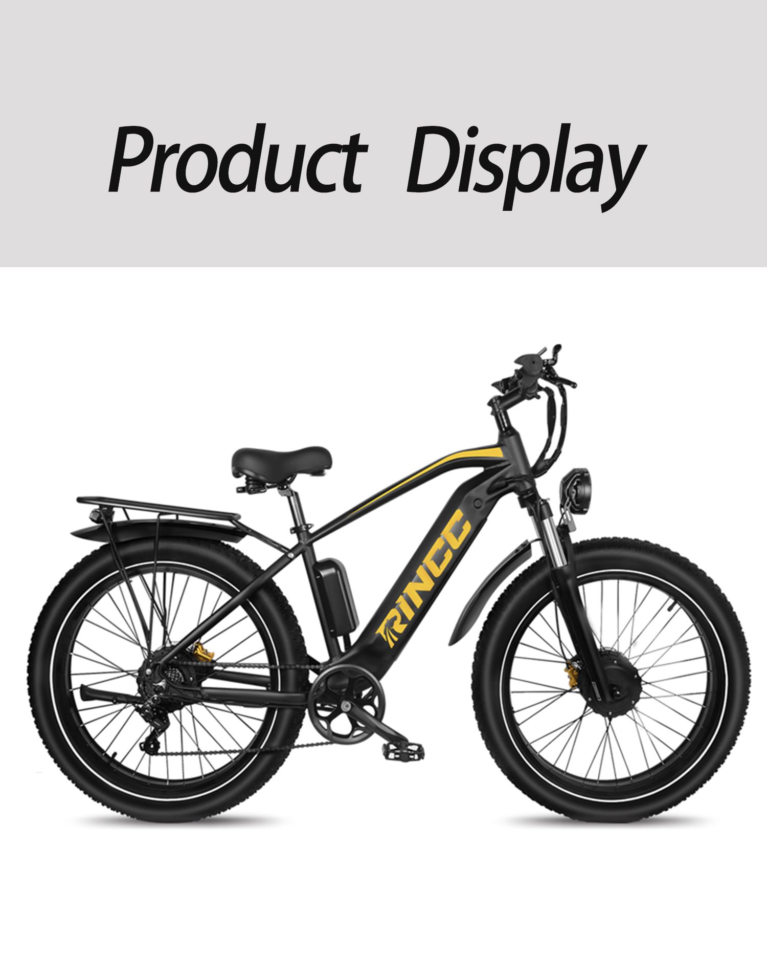 Schwarzes E-Mountainbike Rincc RN70. Gelbes Rincc-Logo. Gepäckträger, Scheinwerfer und Akku.