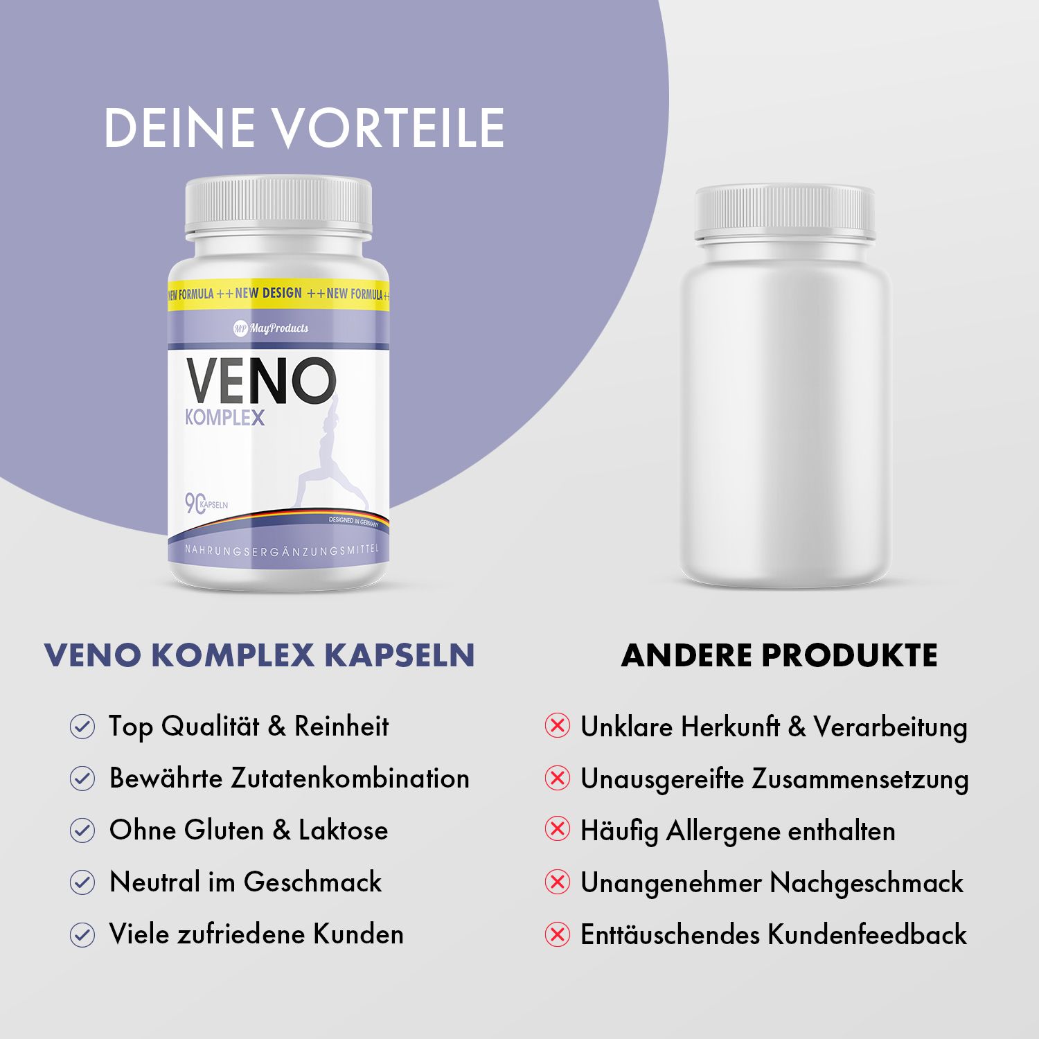 Produktabbildung: VENO KOMPLEX Kapseln, weiße Pillendose. Vorteile: Top Qualität, bewährte Kombination, ohne Gluten & Laktose, neutral im Geschmack.