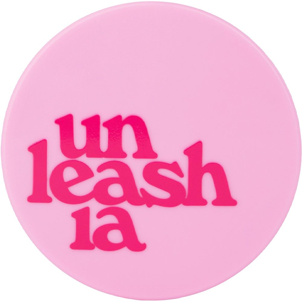 Runder, rosa Deckel mit dem Wort 'unleashia' in Pink.