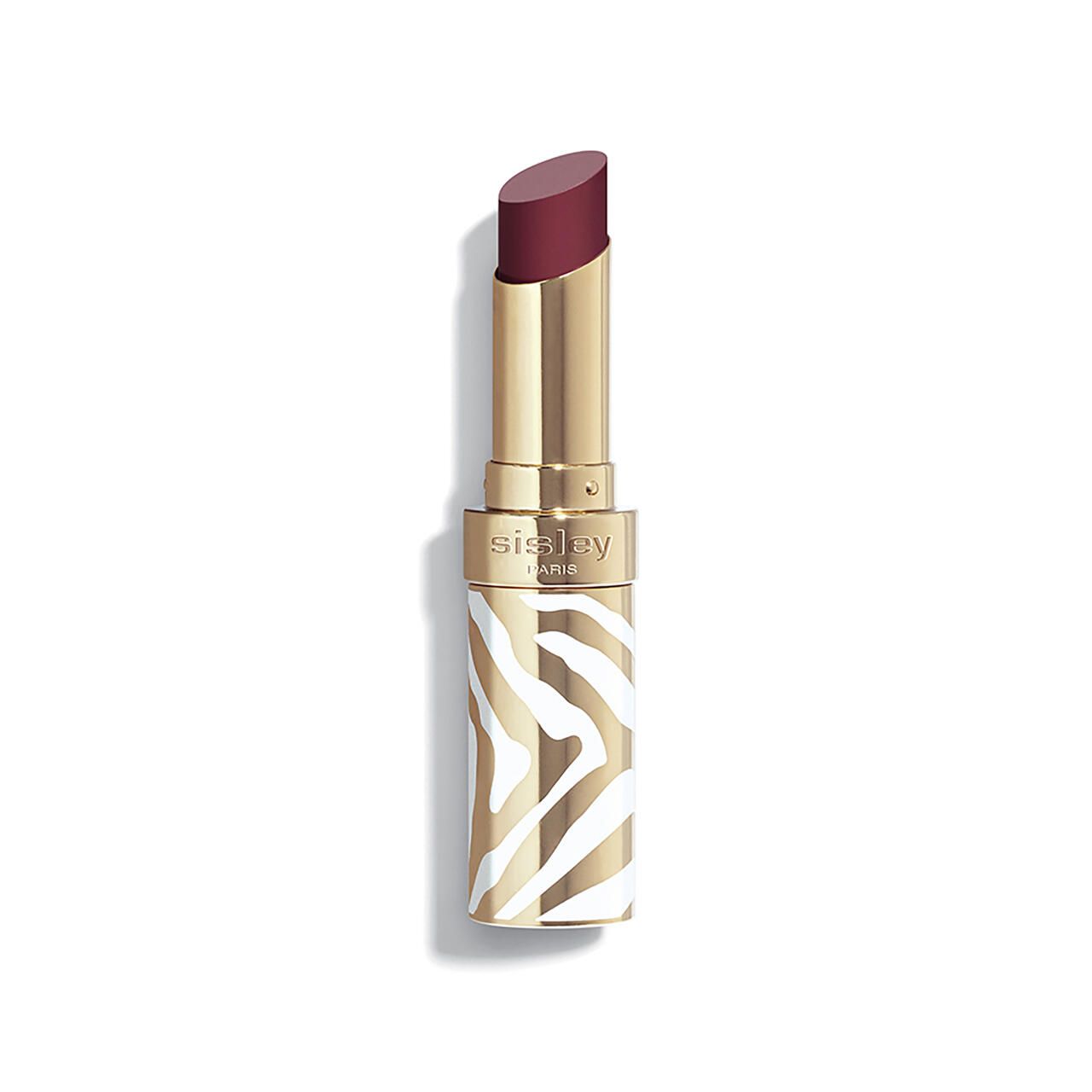 Lippenstift mit goldfarbenem Gehäuse und Zebra-Muster. Der Lippenstift ist ausgefahren und zeigt eine burgunderrote Farbe. Sisley Paris.