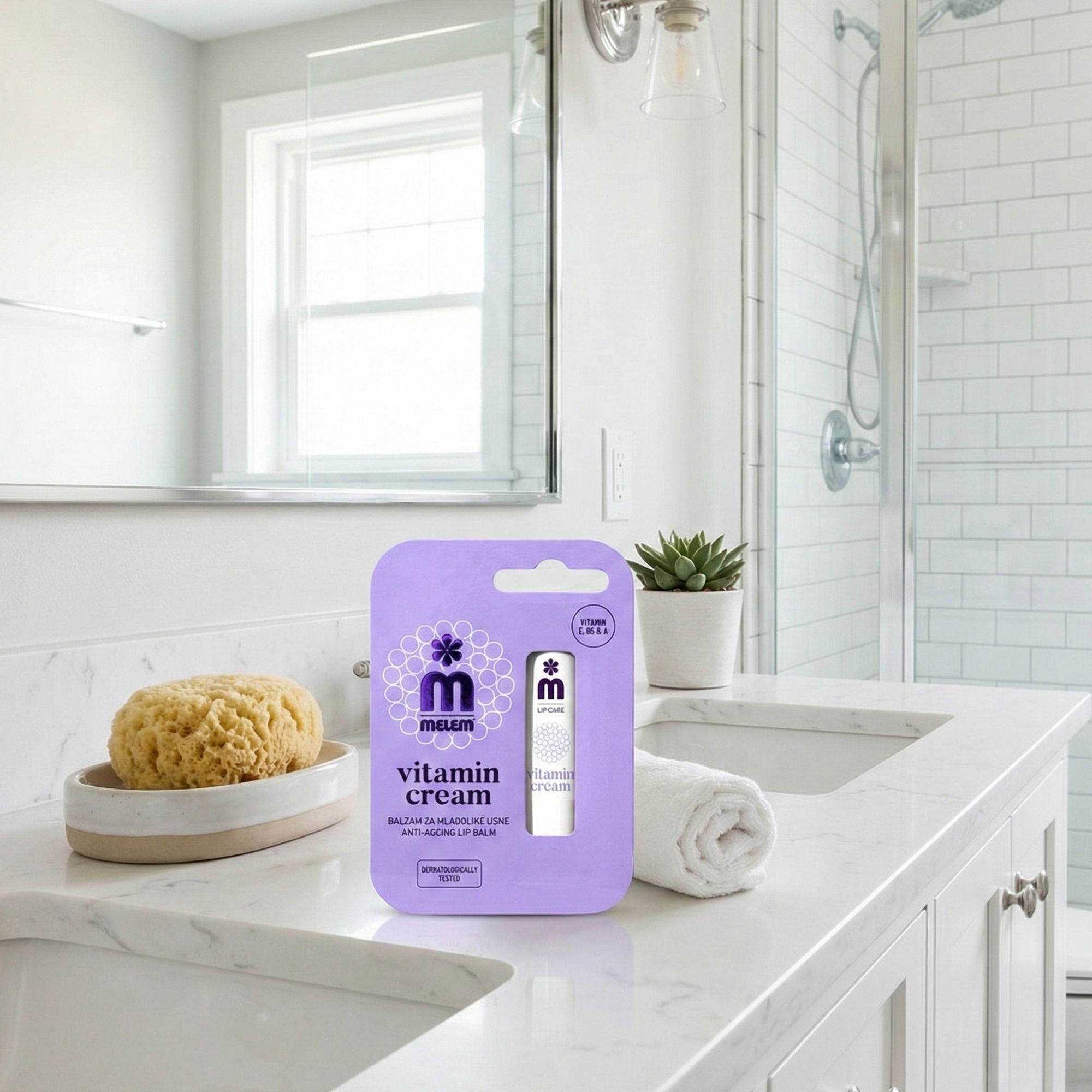 Lippenbalsam-Verpackung auf Waschbecken. Lila Verpackung mit Lippenbalsam. Aufschrift: MELEM, Vitamin Cream. Hintergrund: Badezimmer.