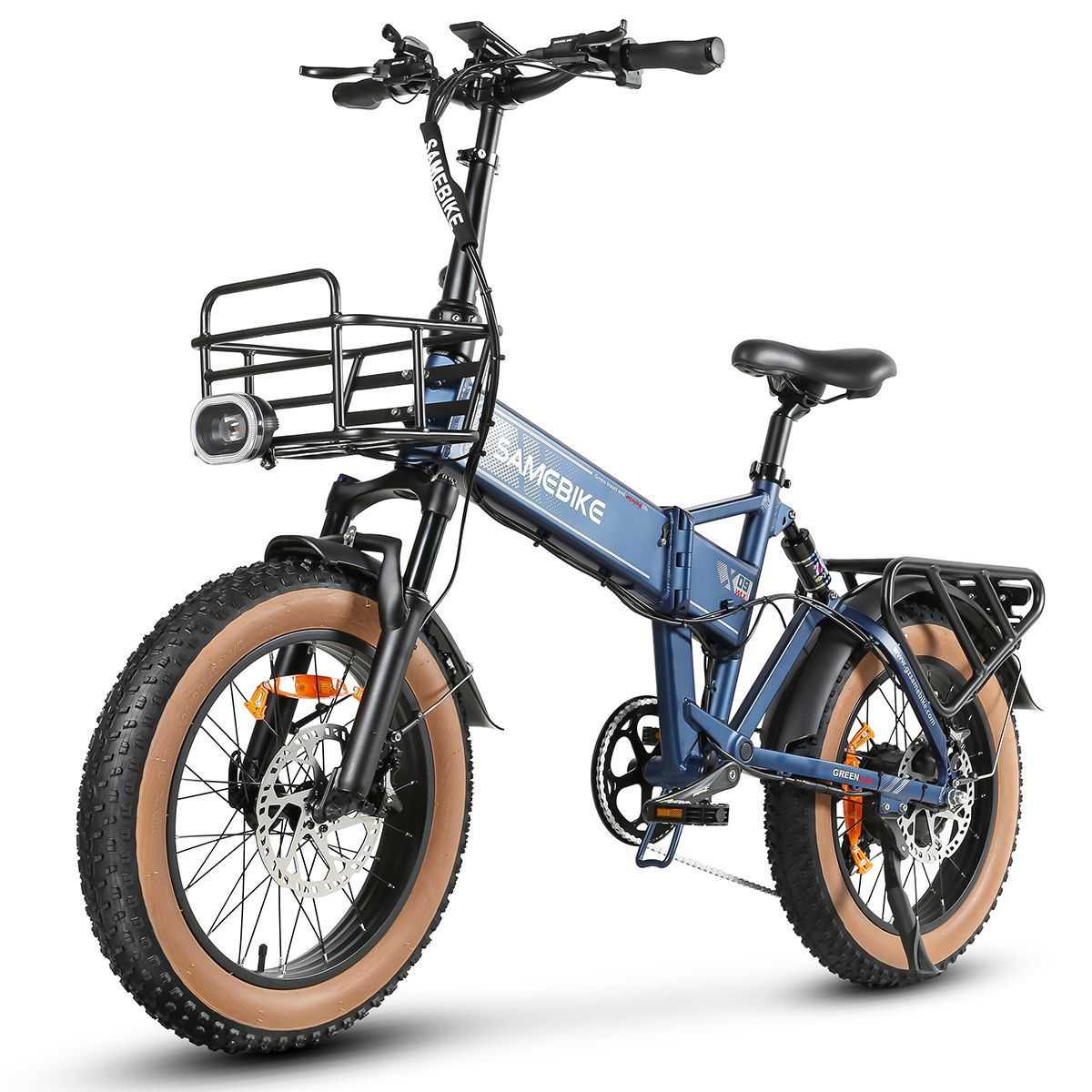 Blaues SAMEBIKE XWLX09-II E-Bike. Korb vorne, Gepäckträger hinten. Braune Reifen. 7-Gang-Schaltung.
