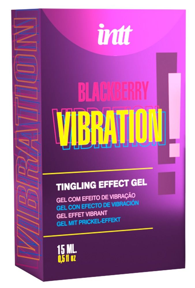Lila Schachtel mit Aufschrift: intt, Blackberry Vibration, Tingling Effect Gel. Gel mit Vibrationseffekt. 15 ml.