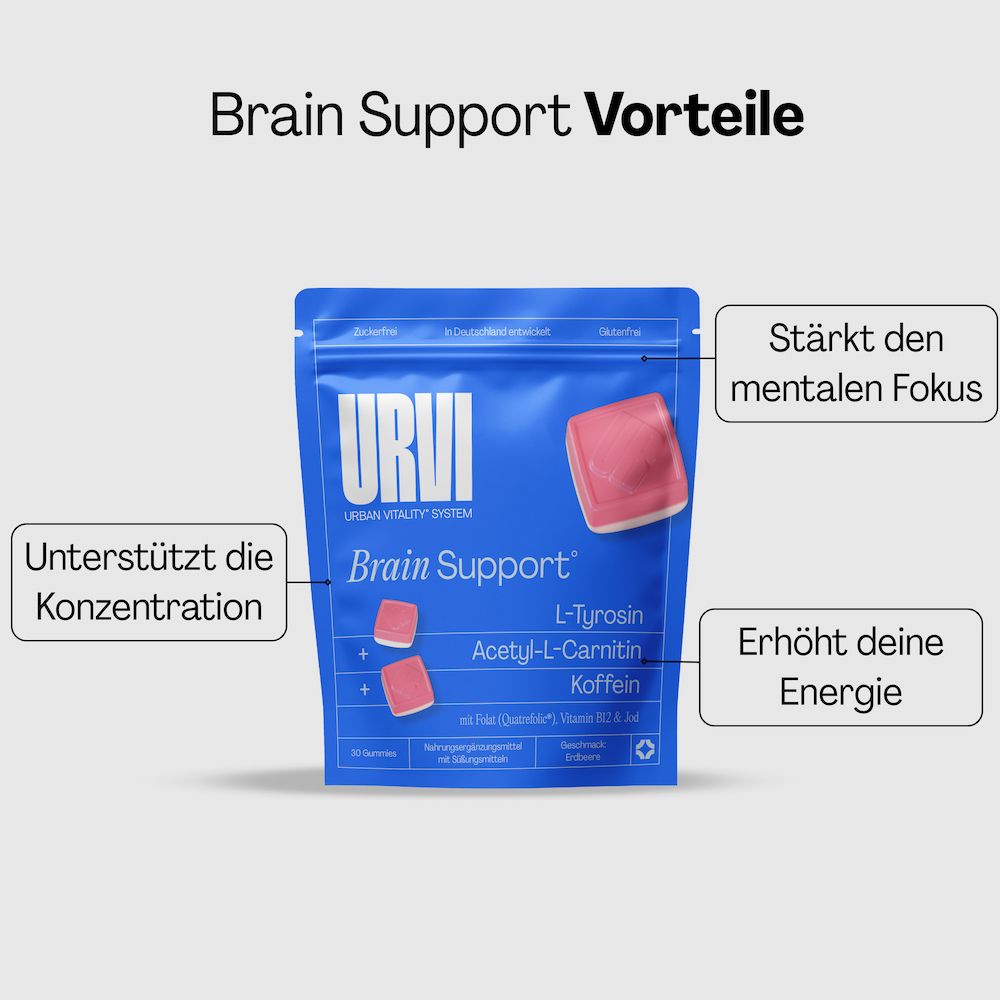 Blaue Verpackung mit URVI-Logo und Produktnamen Brain Support. Text hervorhebt Vorteile: Konzentration, Energie, mentaler Fokus.