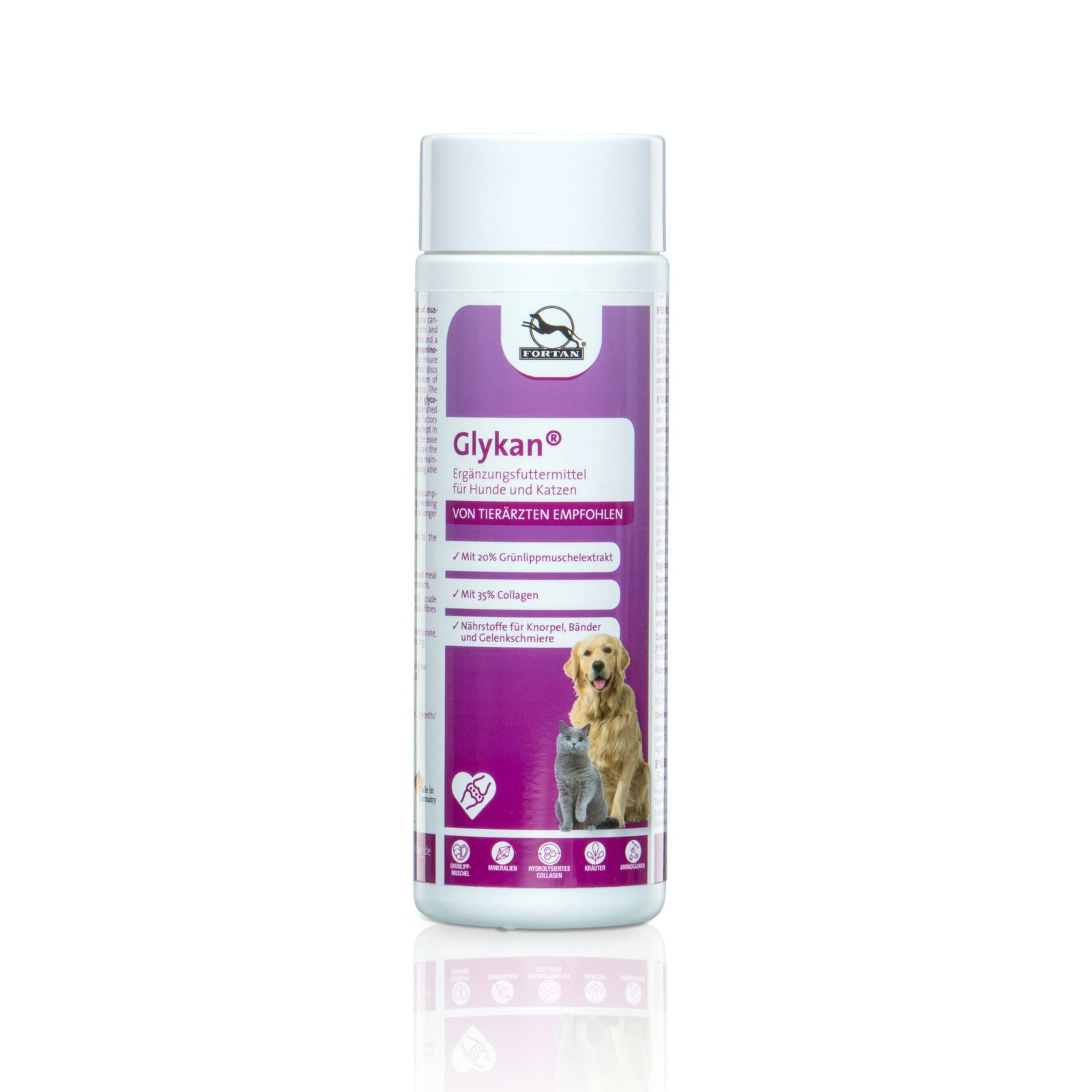 Zylindrische Dose mit "Glykan"-Etikett. Abbildung eines Hundes und einer Katze. Text: "Für Hunde und Katzen".