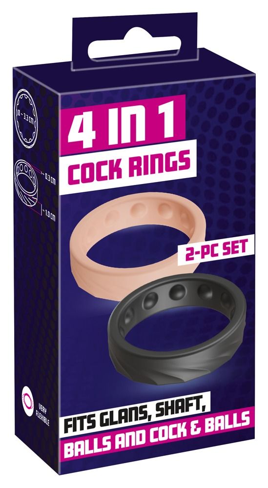 Verpackung mit der Aufschrift 4 IN 1 COCK RINGS. Enthält zwei Cockringe in rosa und schwarz.