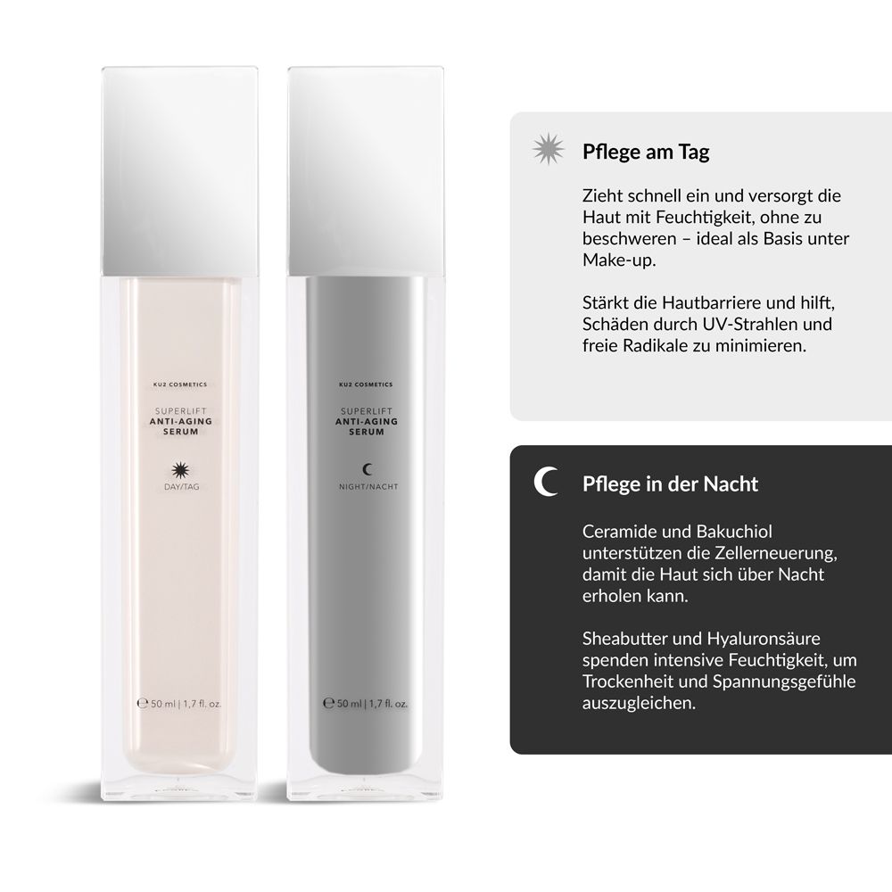 Zwei Serumflaschen mit silbernen Deckeln. Aufschrift: Superlift Anti-Aging Serum. Text über Tages- und Nachtpflege.