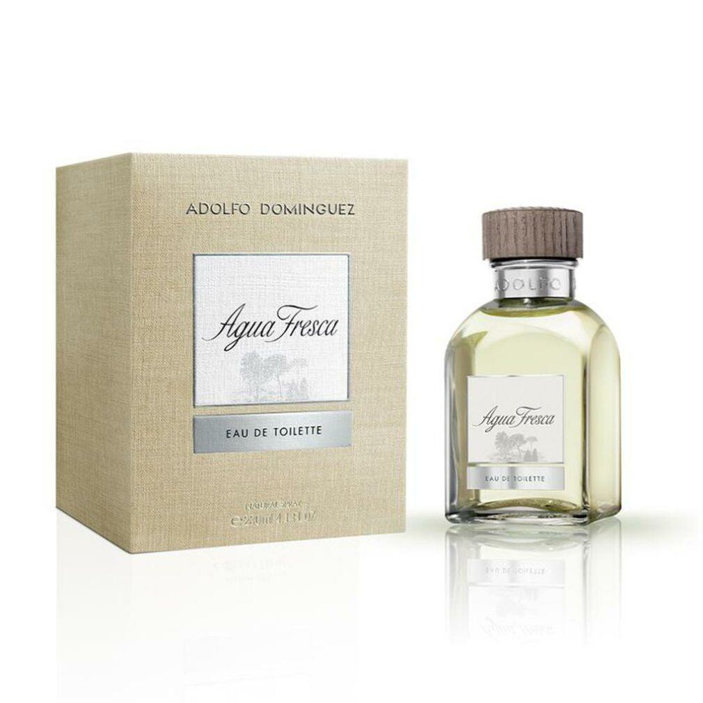 Flakon und Verpackung von Adolfo Dominguez Agua Fresca Eau de Toilette. Flakon mit Holzdeckel, rechteckige Verpackung mit Logo.