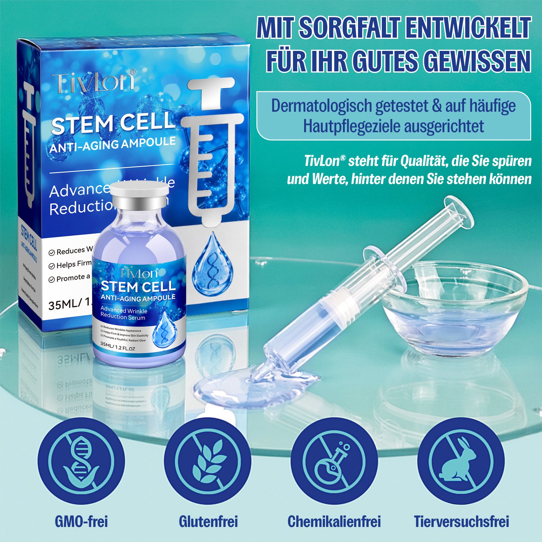 TivLon Stem Cell Anti-Aging Ampulle mit Pipette und Schale. Zertifikate: GMO-frei, Glutenfrei, Chemikalienfrei, Tierversuchsfrei.