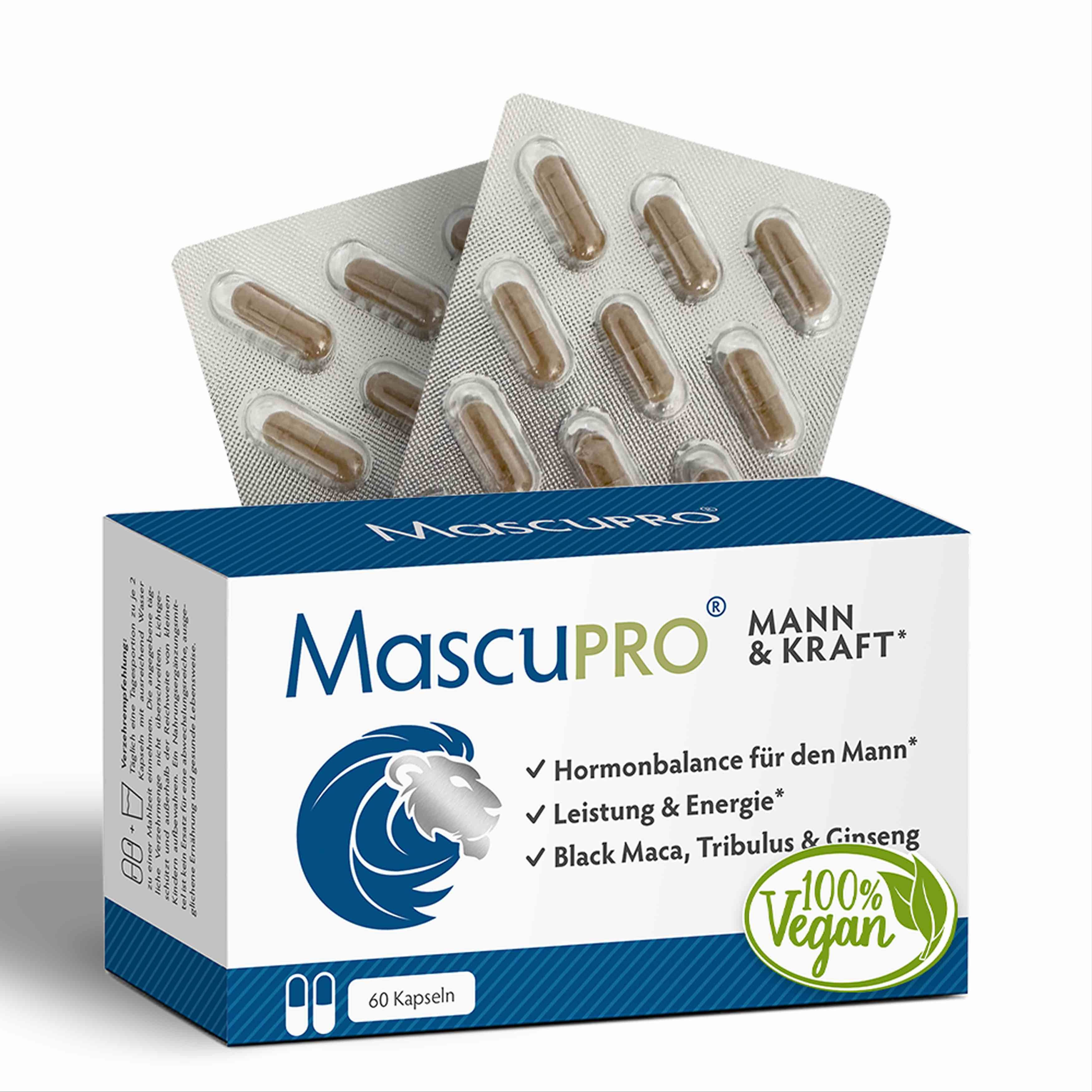 MascuPRO® Mann & Kraft Box mit Kapseln in Blistern. Text: Hormonbalance, Leistung & Energie, Black Maca, Tribulus & Ginseng.