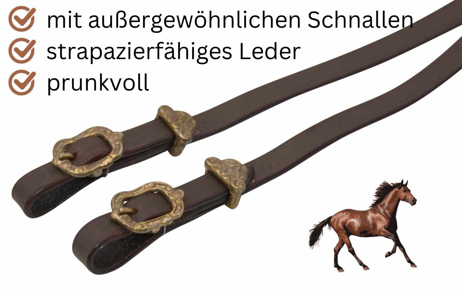 Zwei braune Lederzügel mit goldenen Schnallen. Text: 'mit außergewöhnlichen Schnallen', 'strapazierfähiges Leder'.