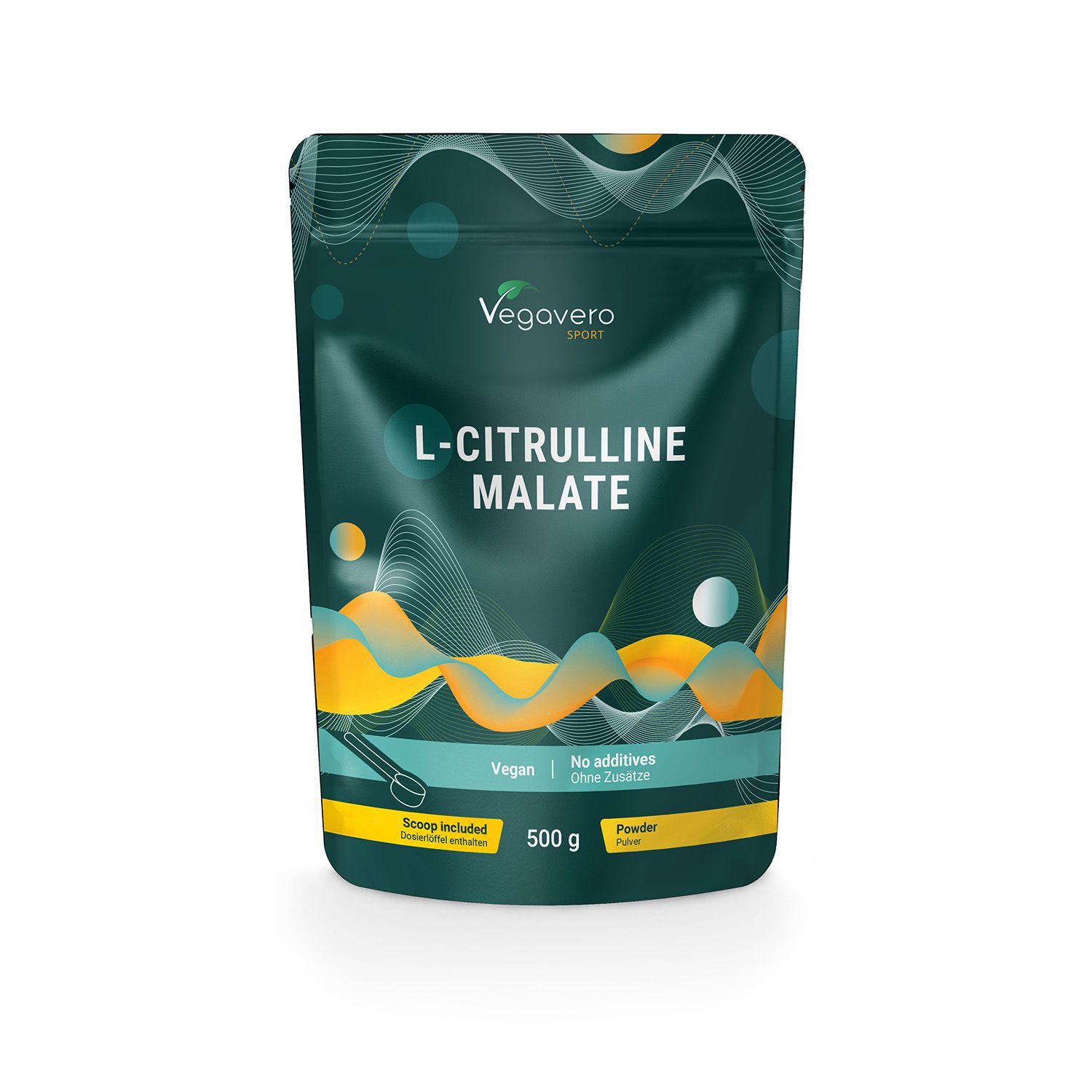 Beutel mit L-Citrullin Malat Pulver. Marke Vegavaro. Aufschrift: Vegan, ohne Zusätze, 500g. Inklusive Messlöffel.