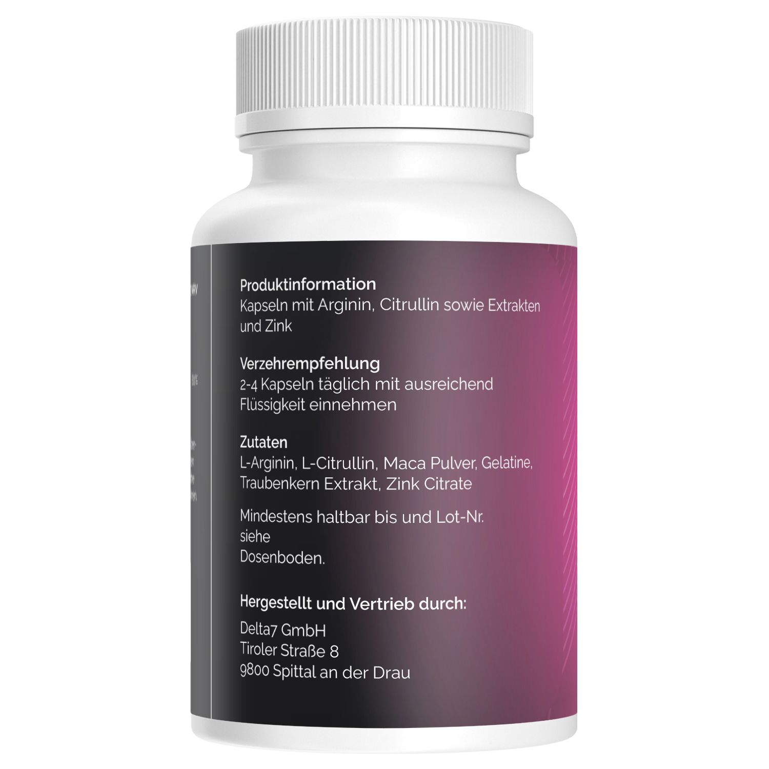 Rückseite einer Flasche Peach Booty Booster. Enthält Produktinformationen und Zutaten.