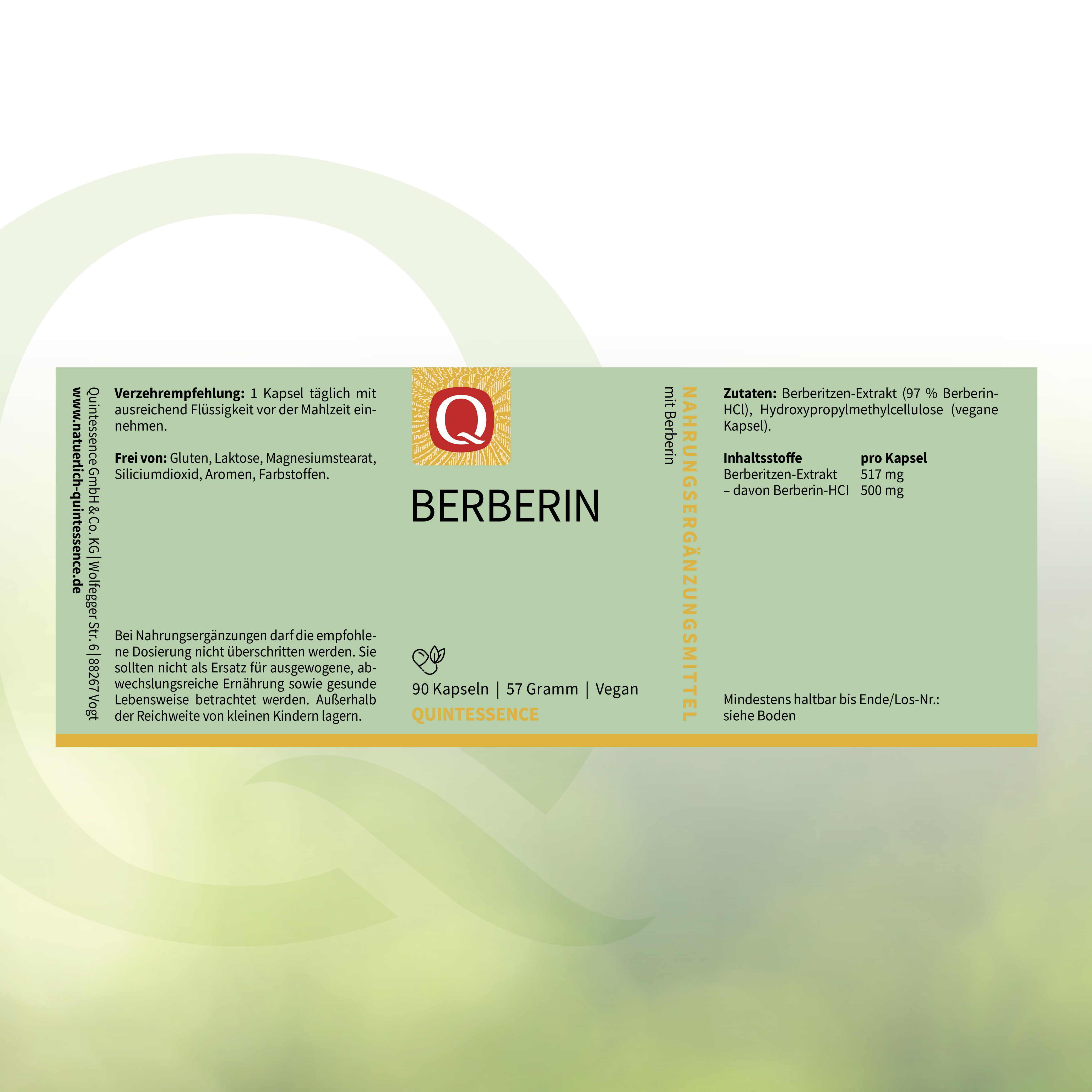 Etikett mit "Berberin" und "Quintessence". Zutatenliste, Verzehrempfehlung. 90 Kapseln, 57 Gramm, Vegan.