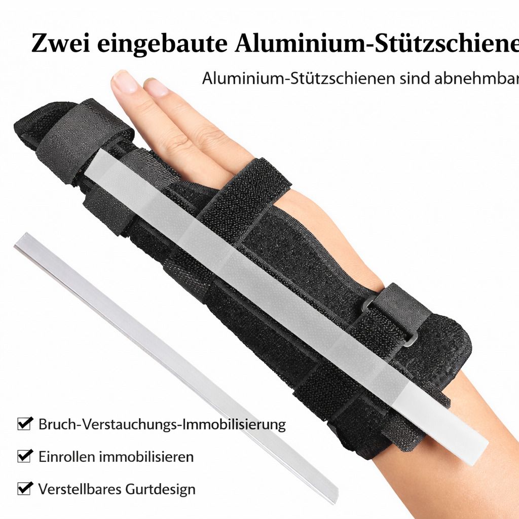Bandage mit zwei Aluminium-Stützschienen. Abnehmbar. Für Bruch, Verstauchung, Immobilisierung. Verstellbares Gurtdesign.