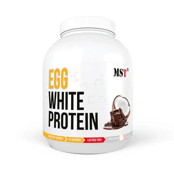 Weißes MST-Proteinpulver-Behälter. Aufschrift: EGG WHITE PROTEIN. Abbildung: Kokosnuss und Schokolade. 72 Portionen, laktosefrei.