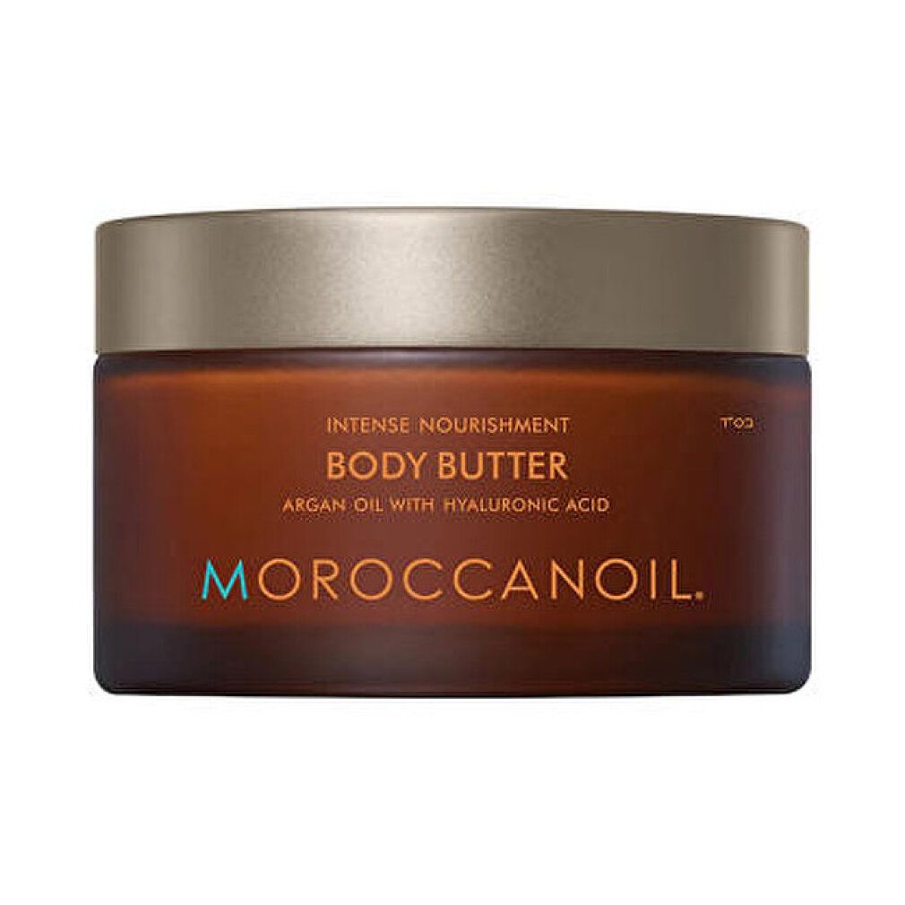Braune Dose mit goldfarbenem Deckel. Aufschrift: Body Butter, Arganöl mit Hyaluronsäure. Marke: Moroccanoil.