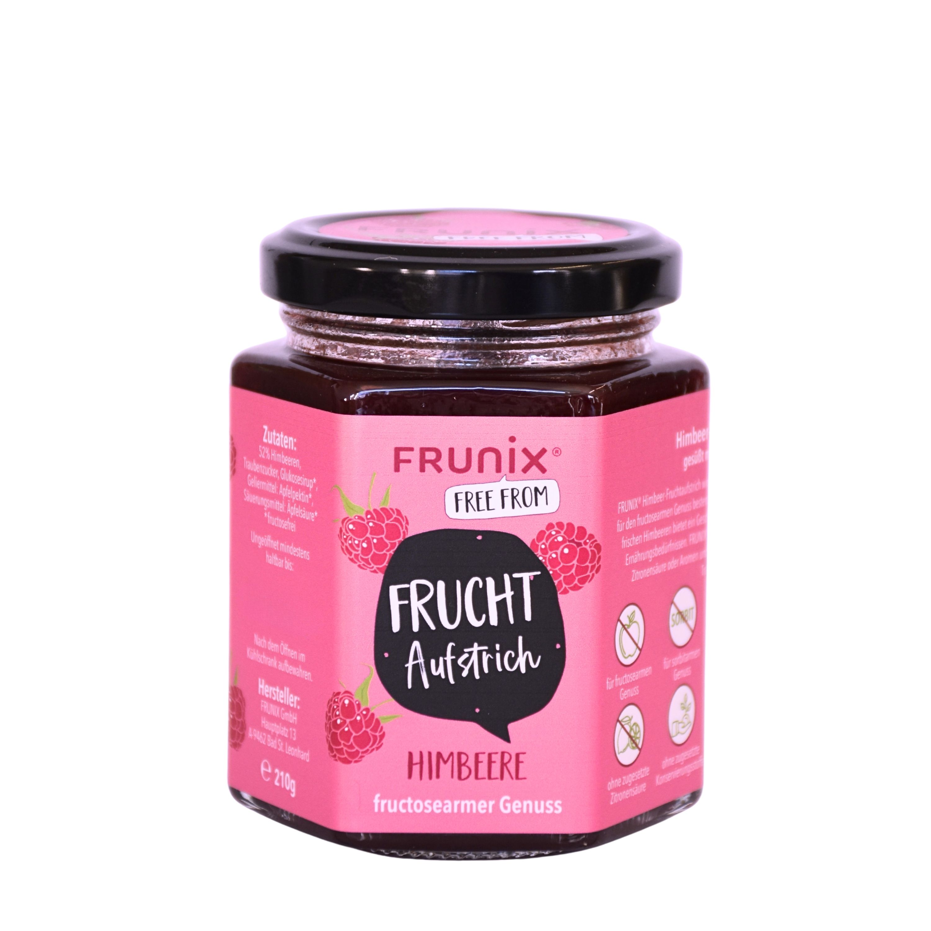 Glas mit Himbeer-Fruchtaufstrich. Rosa Etikett mit Produktinformationen. Schwarzer Deckel. Aufschrift: FRUNIX FREE FROM, Fruchtaufstrich, Himbeere, fructosearmer Genuss.