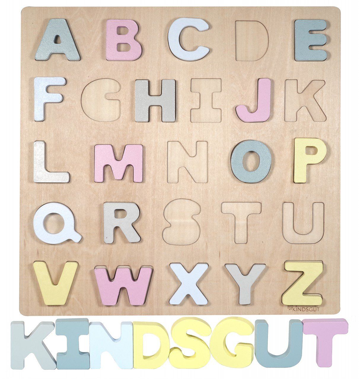 Holzpuzzle mit Buchstaben A-Z und lose Buchstaben. Kindsgut-Logo unten. Buchstaben in Pastellfarben.