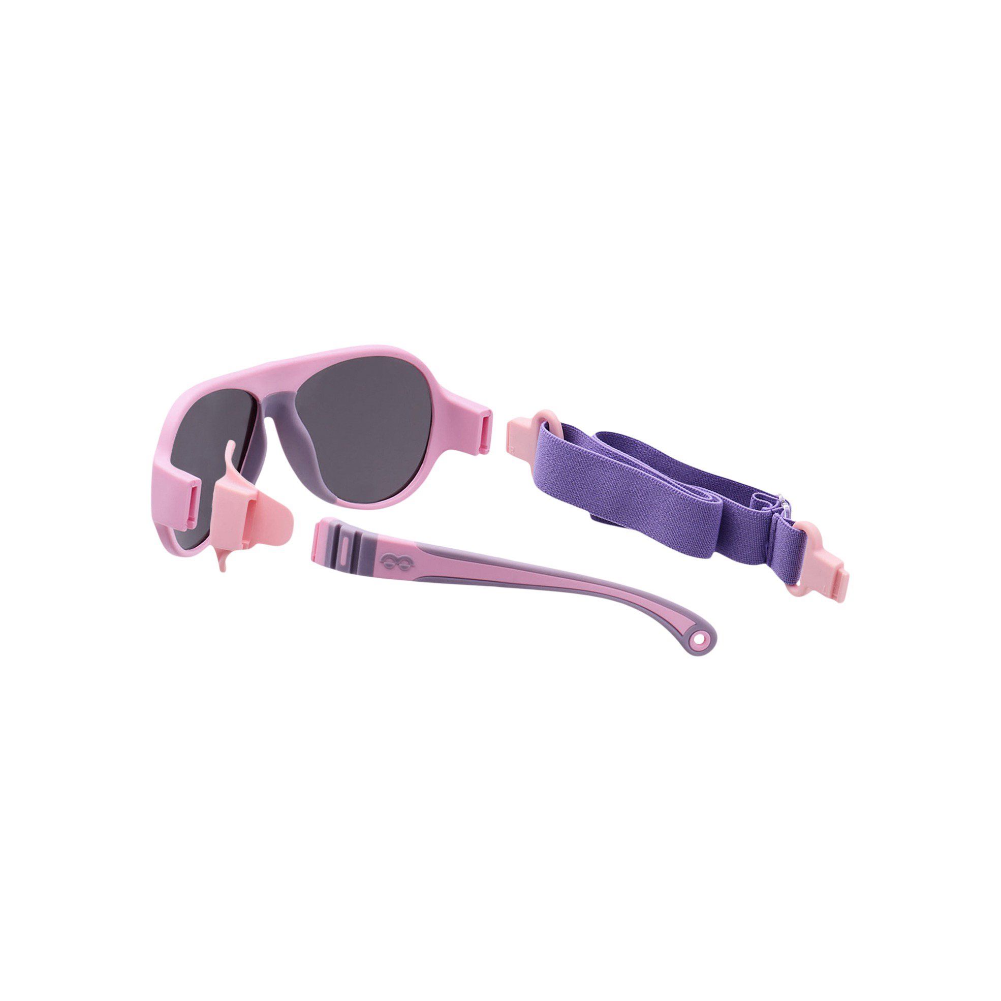 Zerlegte rosa Sonnenbrille mit lila Brillenband und Bügel. Aviator-Form. Dunkle Gläser.