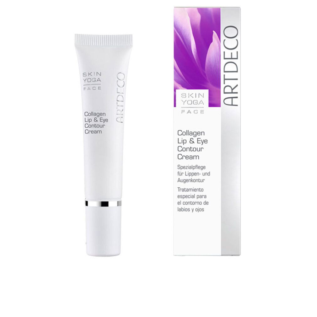 Produkt und Verpackung. Weiße Tube, weiße Schachtel mit lila Blume. Text: ARTDECO, Collagen Lip & Eye Contour Cream.