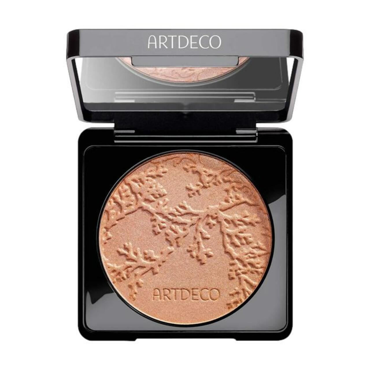 Kompakter Bronzer mit floralem Muster. Schwarze, quadratische Verpackung mit Spiegel. Marke ARTDECO.