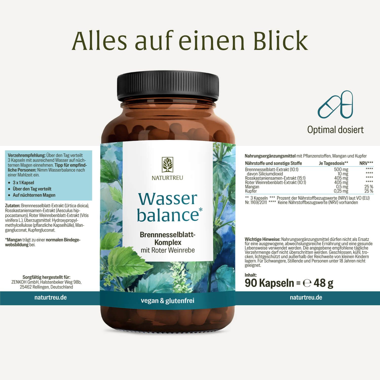 Braune Kapsel mit Etikett 'NATURTREU Wasser balance Brennnesselblatt-Komplex mit Roter Weinrebe', 90 Kapseln.