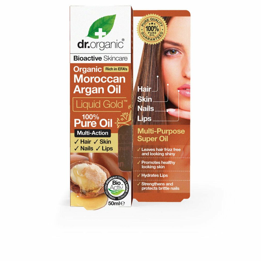 Verpackung von Dr. Organic Moroccan Argan Oil. Aufschrift: 100% Pure Oil. Mehrzweck-Superöl für Haare, Haut, Nägel und Lippen.