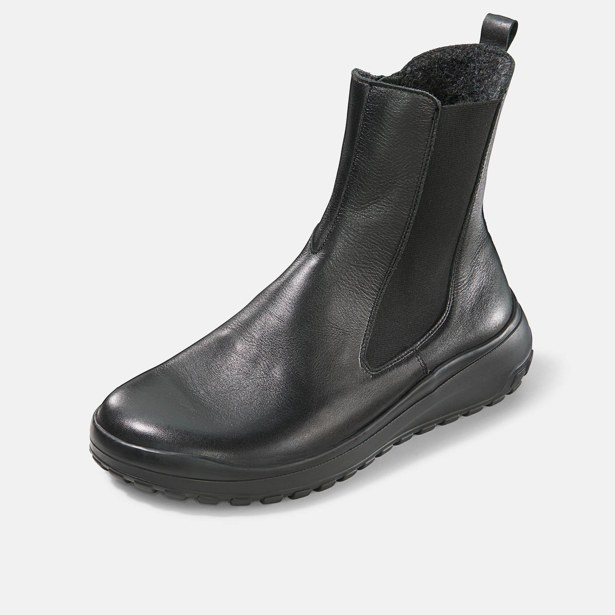Schwarze Leder-Stiefelette mit Reißverschluss, elastischem Seiteneinsatz und gefüttertem Schaft.