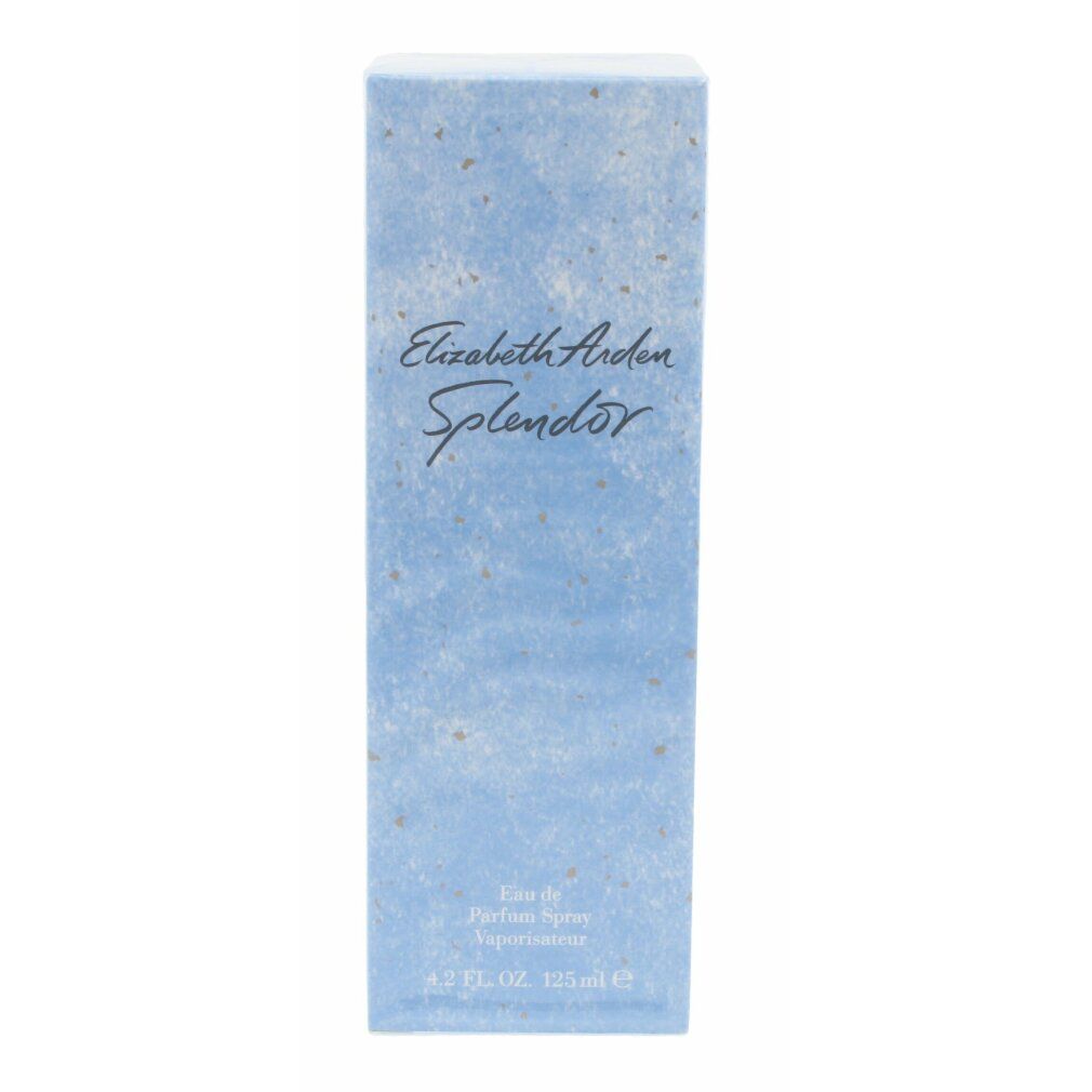 Hellblaue rechteckige Schachtel mit dem Schriftzug Elizabeth Arden Splendor. Darunter steht Eau de Parfum Spray.