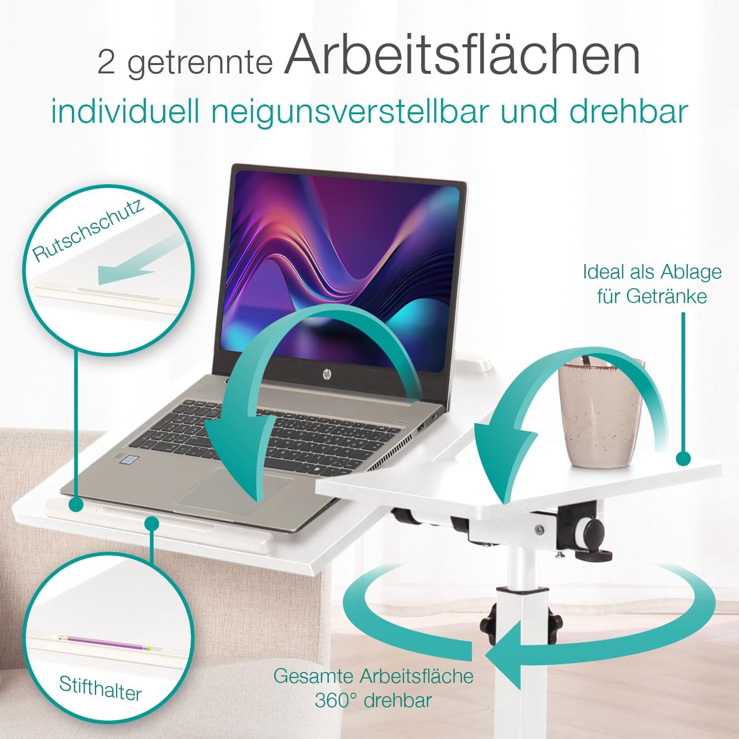 aktivshop mobiler Betttisch auf Rollen, Stehtisch höhen- & breitenverstellbar, neig- & kippbar