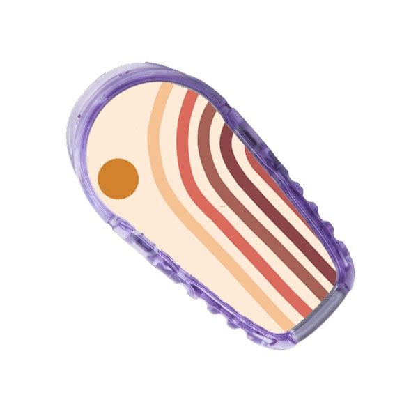 Aufkleber mit Regenbogen-Design. Lila Umrandung. Braune, beige und orangefarbene Streifen.