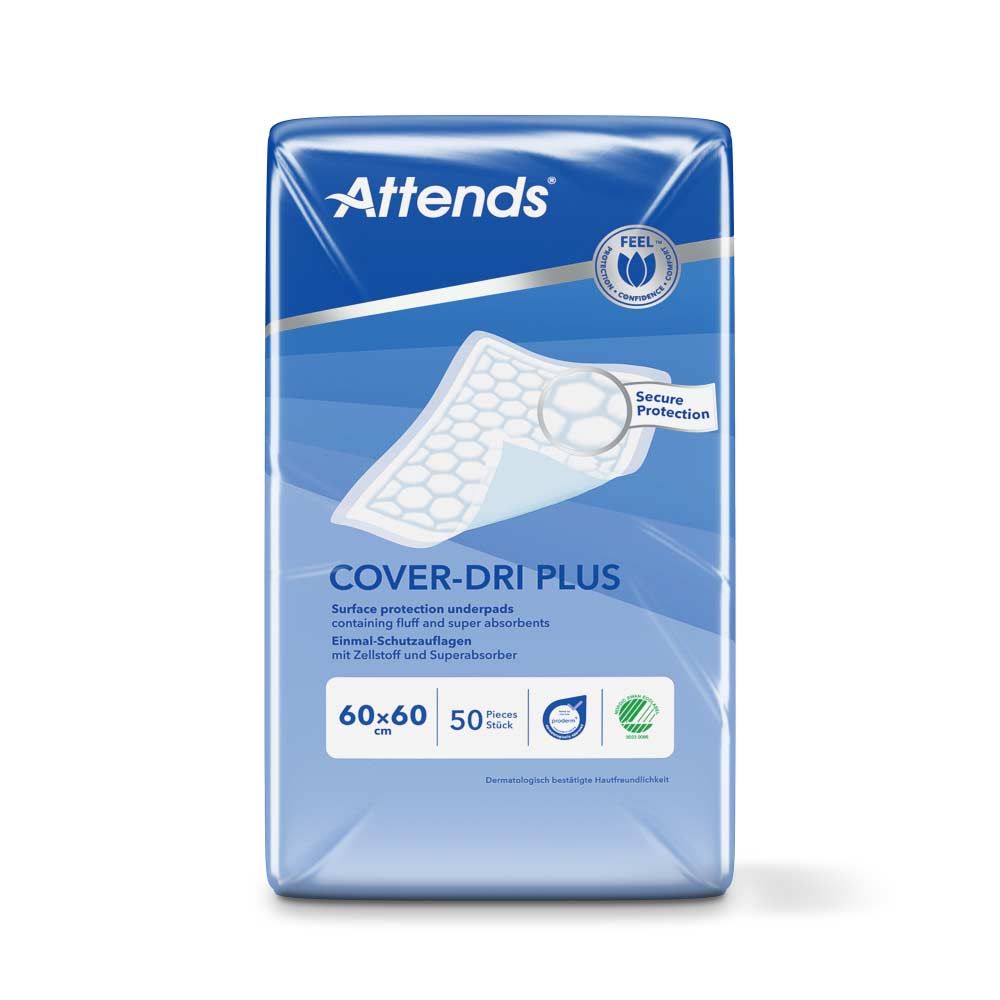 Verpackung von Attends Cover-Dri Plus. Blaue Verpackung mit Produktabbildung und Text. Größe 60x60 cm, 50 Stück.